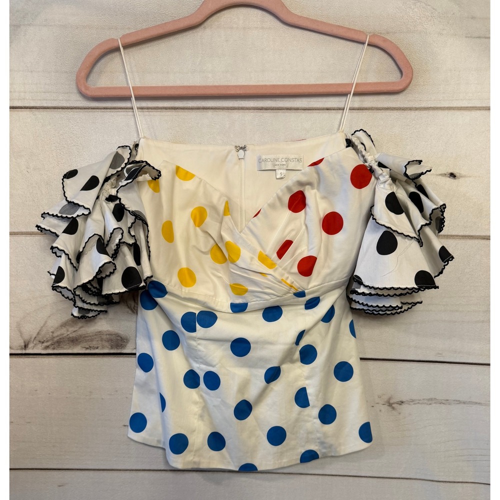 CAROLINE CONSTAS Polka Dot Off Shoulder Ruffle Top Ivory Red Blue Yellow Black S - Picture 1 of 9